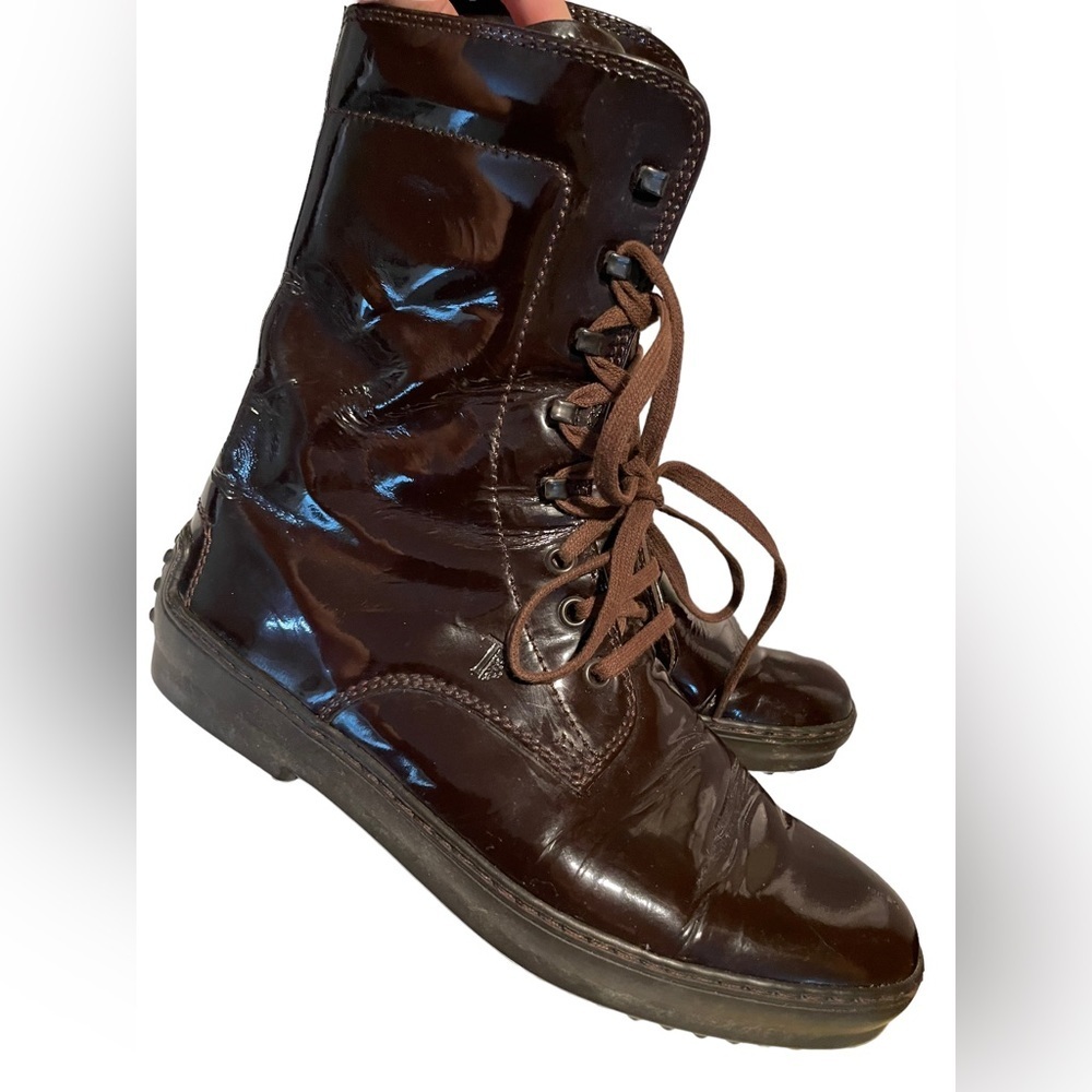 Tods chocolate Brown Patent Leather Lace up combat boots size 39.5